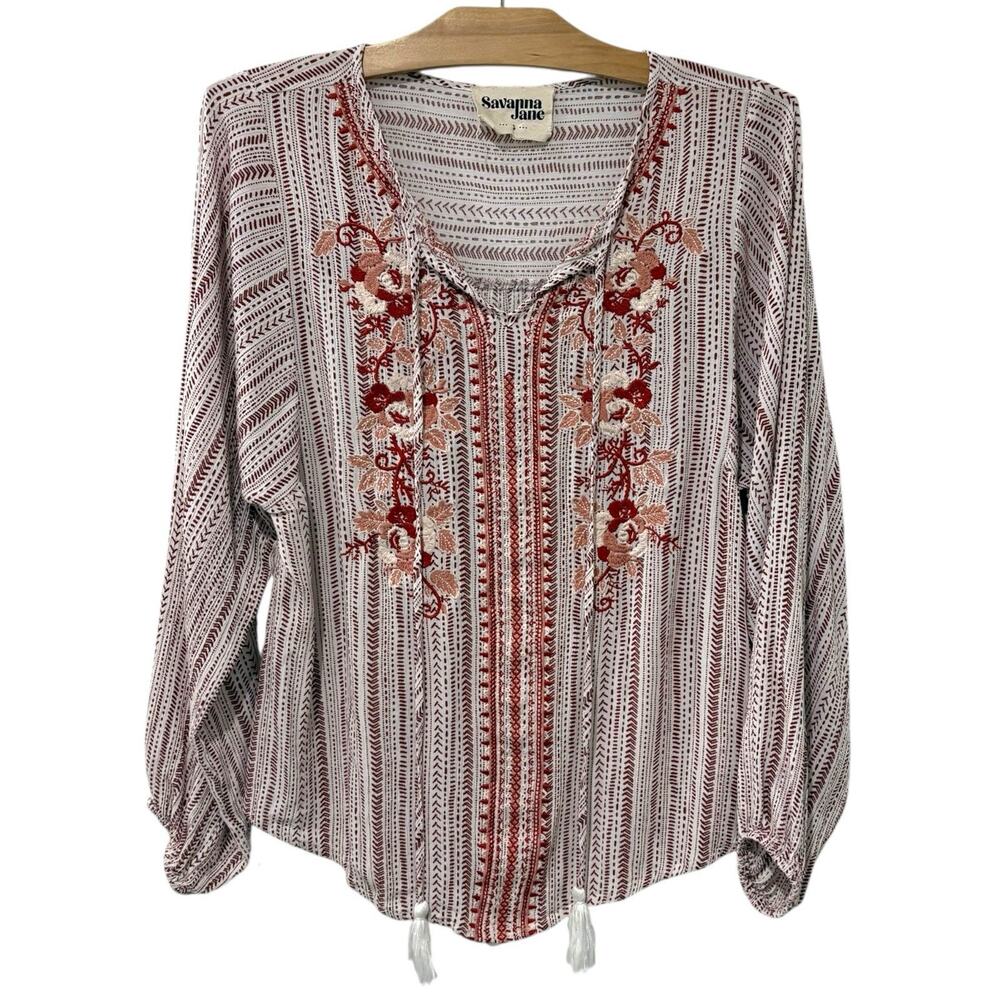 Savanna Jane | Top Embroidered Floral Long Sleeve V Neck Boho- Size Small